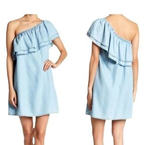 NWT BB Dakota Dress Isla One Shoulder Denim Ruffle Elasticized‎ Light Size Large